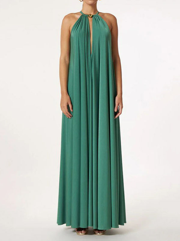 Sleeveless Solid Color Deep V-Neck Maxi Dresses