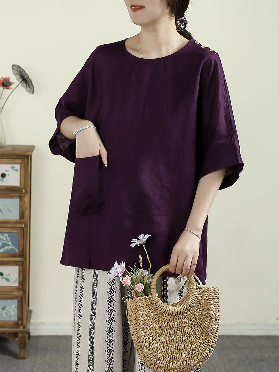 Women Summer Vintage Pure Color O-neck 100%Linen Shirt