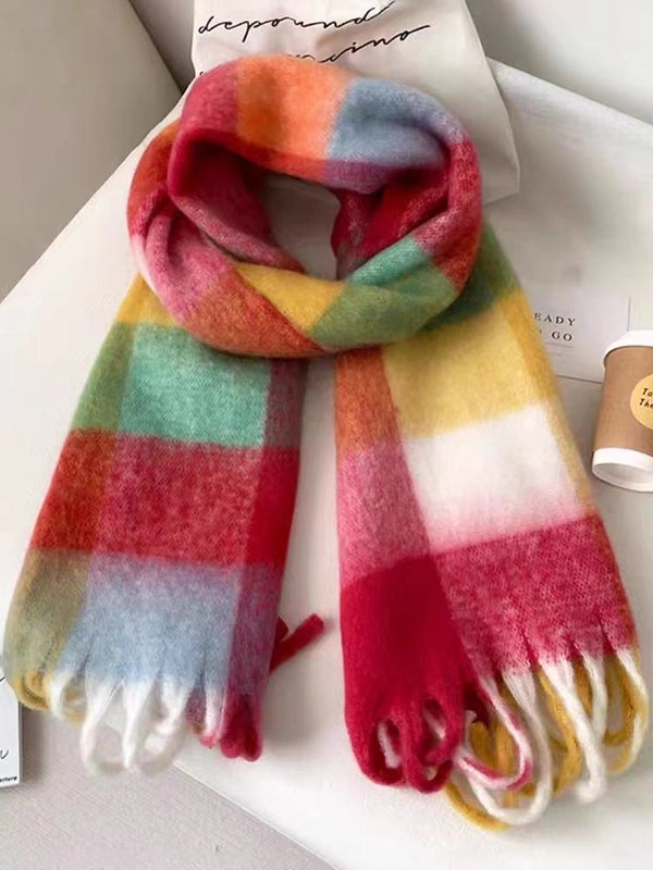 Plaid Tassel Mohair Scarf Women's Spring Students Travel Fashionable Sticker Casual Scarf