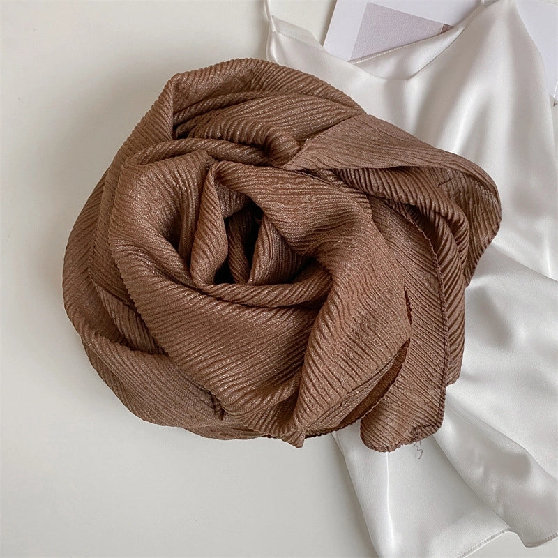 Heavy Bright Silk New Pleated Texture Scarf Women's Autumn And Winter All-Matching Long Solid Color Shawl Dual-Use