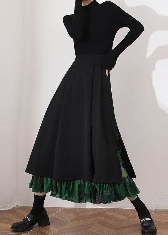 Modern Black Cinched Patchwork side open Skirt Spring