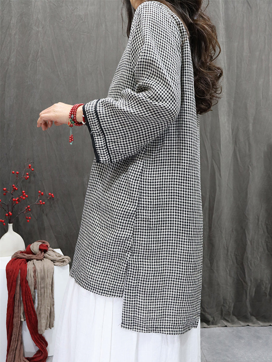 Women Summer Ethnic Plaid Stand Collar 100%Linen Shirt