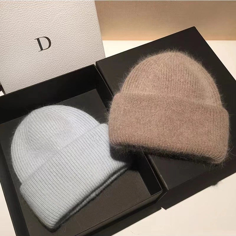 Japanese High-End New Rabbit Fur Knitted Woolen Cap Women's Fashion Autumn Winter Japanese Beanie Hat Thermal Head Cover Knitted Hat