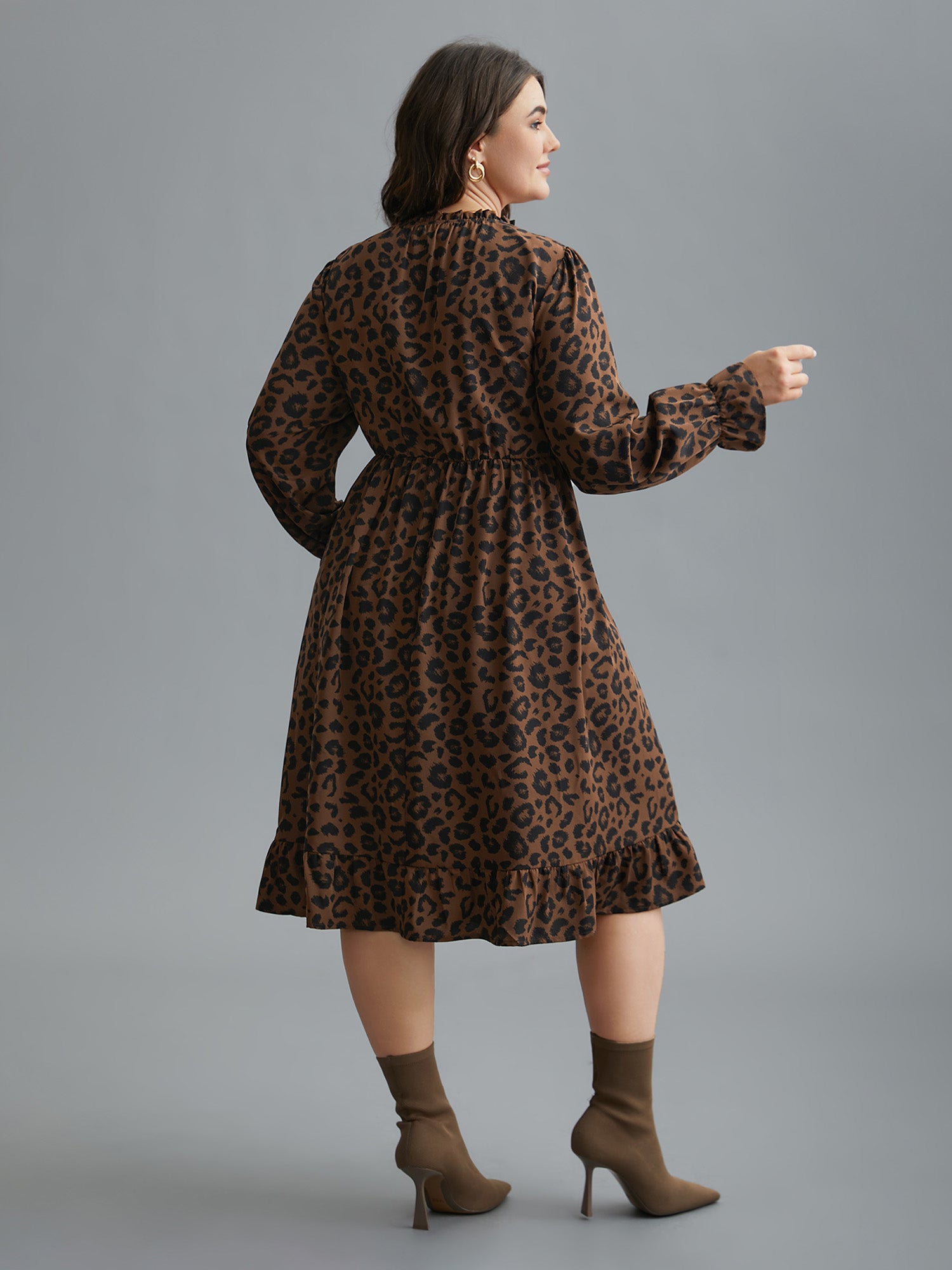 Leopard Print Ruffles Mock Neck Elastic Waist Dress