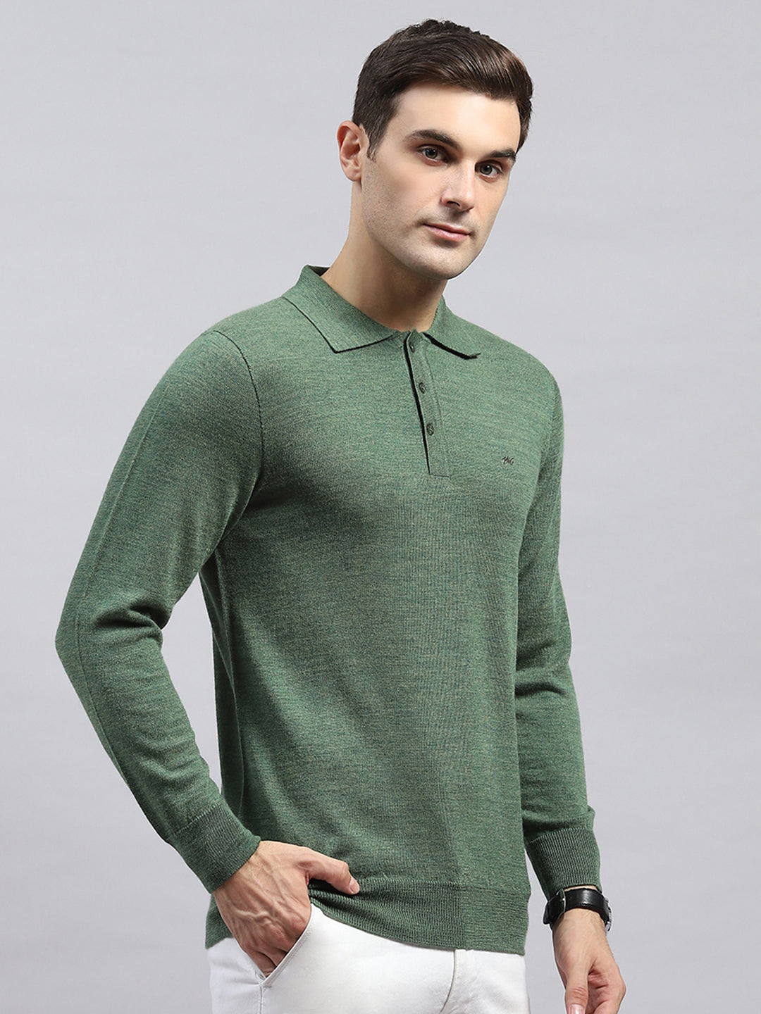 Men Green Solid Collar Full Sleeve Winter T-Shirt