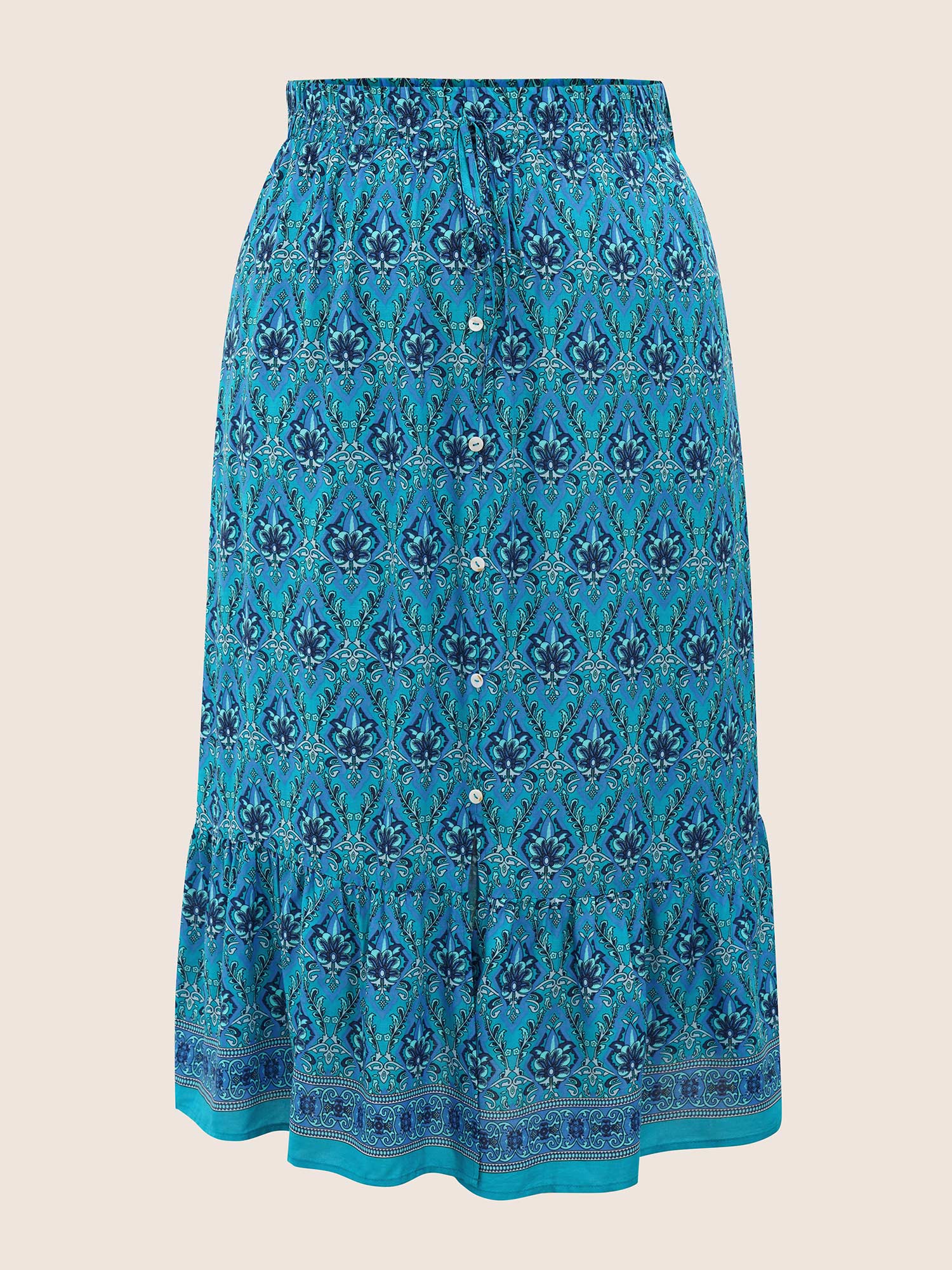 Boho Print Elastic Waist Button Detail Skirt