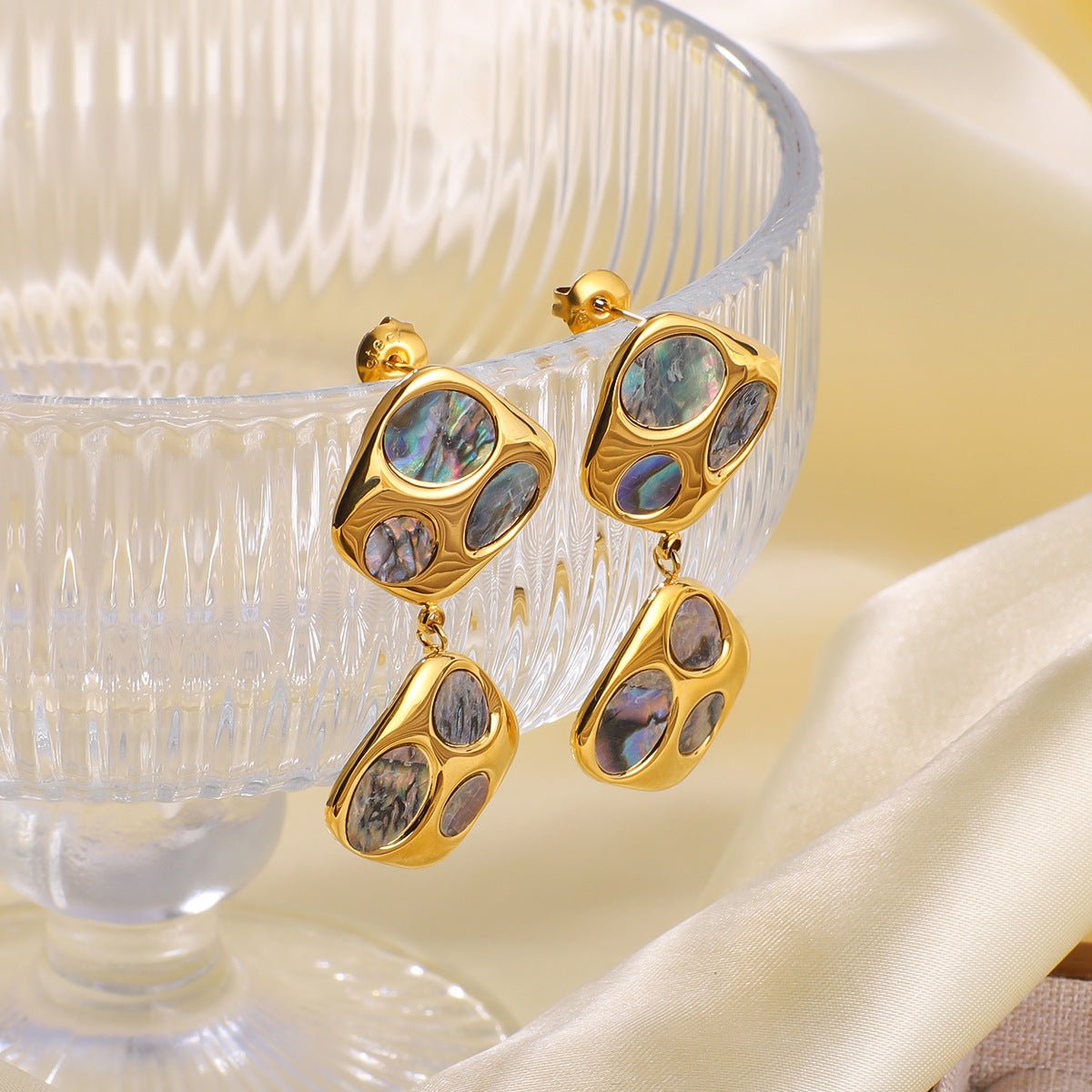Ins Simple Design Stainless Steel Irregular Inlaid Natural Black Shell Geometric 18K Gold Earrings