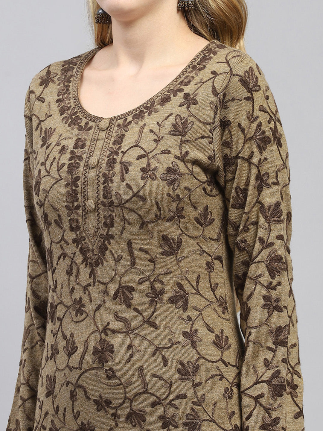 Women Khaki Woven Design Round Neck Full Sleeve Winter Kurti