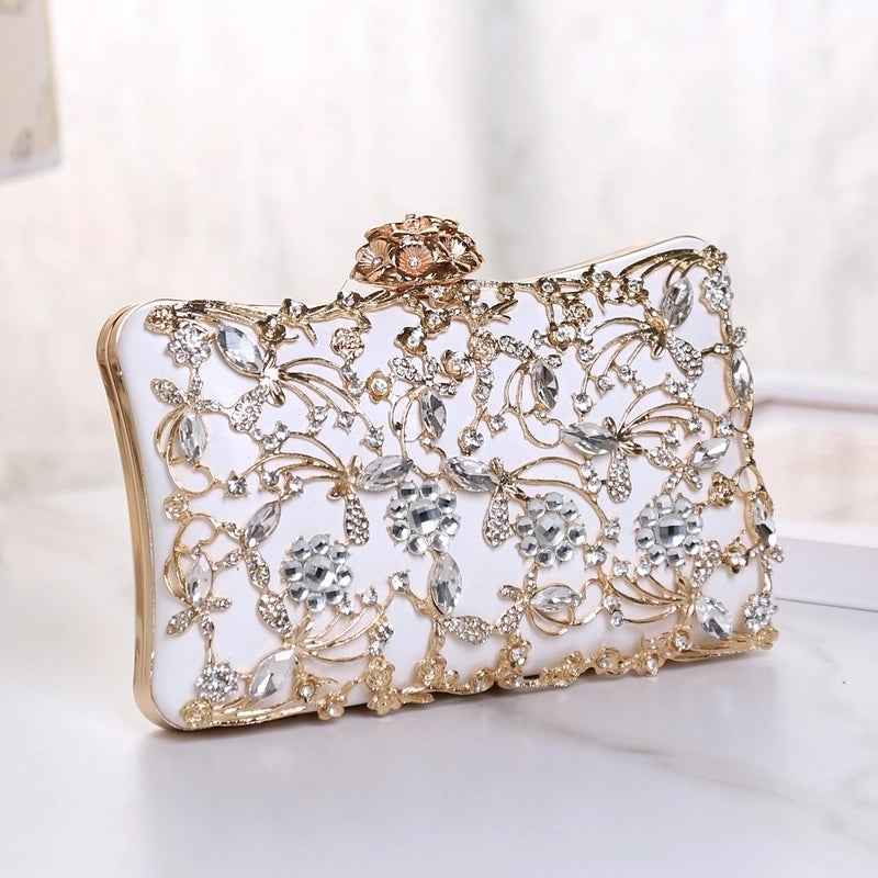 Black Gold Champagne Polyester Flower Rhinestone Pillow Shape Clutch Evening Bag