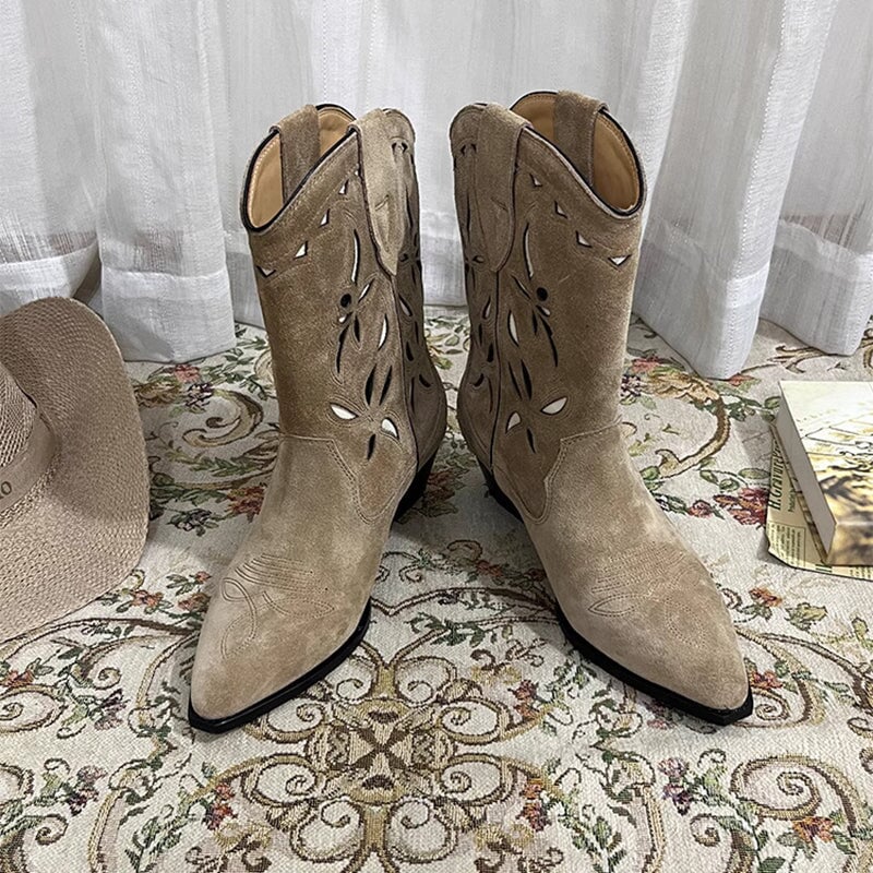 Womens Western Boots Block Heel Cut-Out Cowboy Boots All Genuine Leather