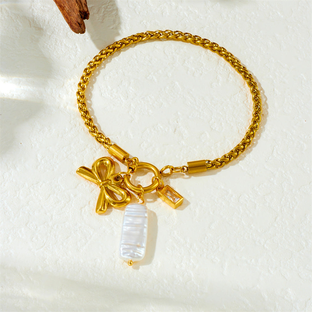 Fashion Simple Gold-Plated Twist Chain Bow Shell Pendant Stainless Steel Gold-Plated Bracelet