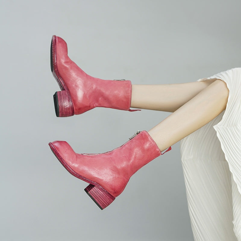 Washed Horse Leather Ankle Boots Front Zip Boots For Women in Black/Pink/Red/Grey