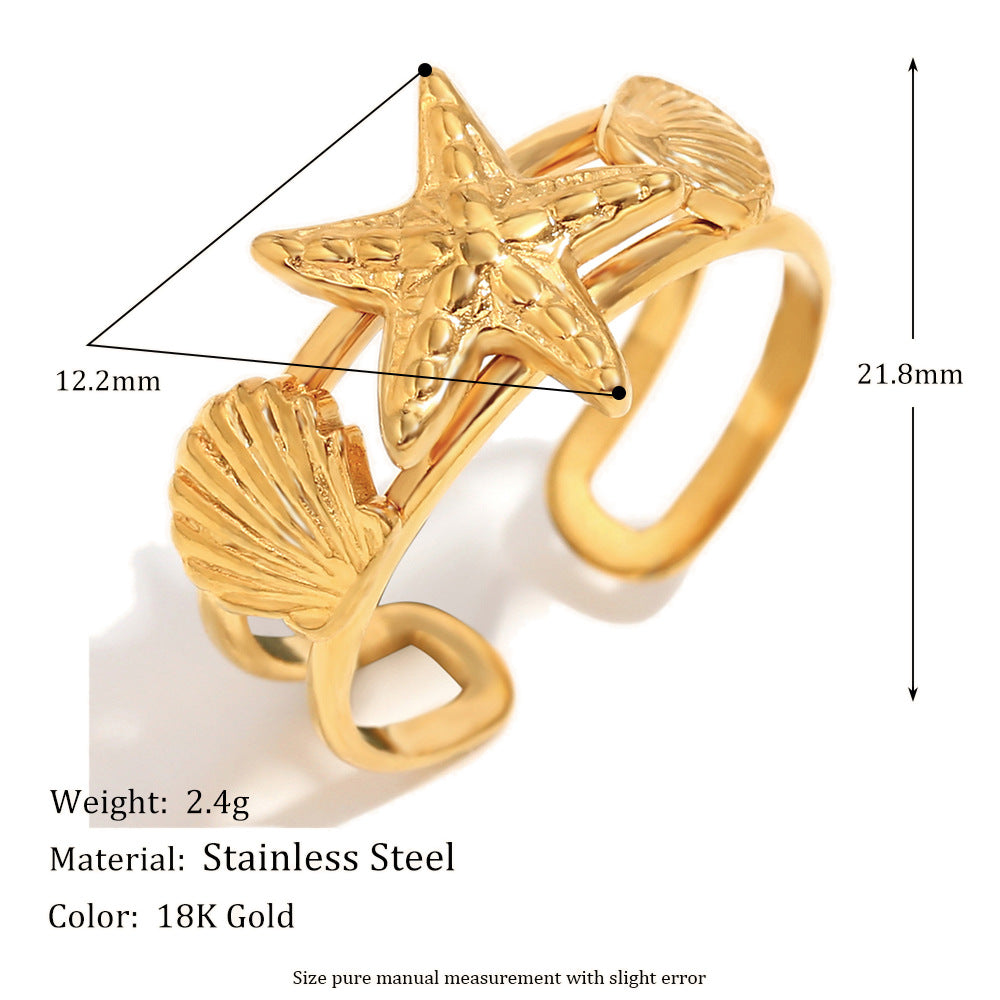 Retro Fashion Hand Jewelry Stainless Steel Plated 18K Gold Starfish Shell Gemstone Love Heart Open Ring