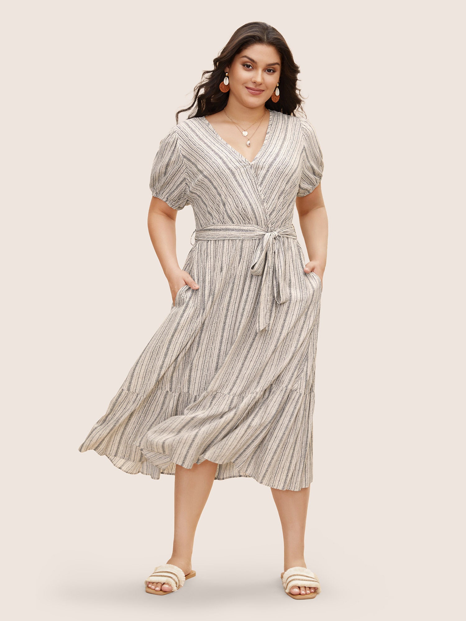 Striped Wrap Ruffle Hem Belted Dress