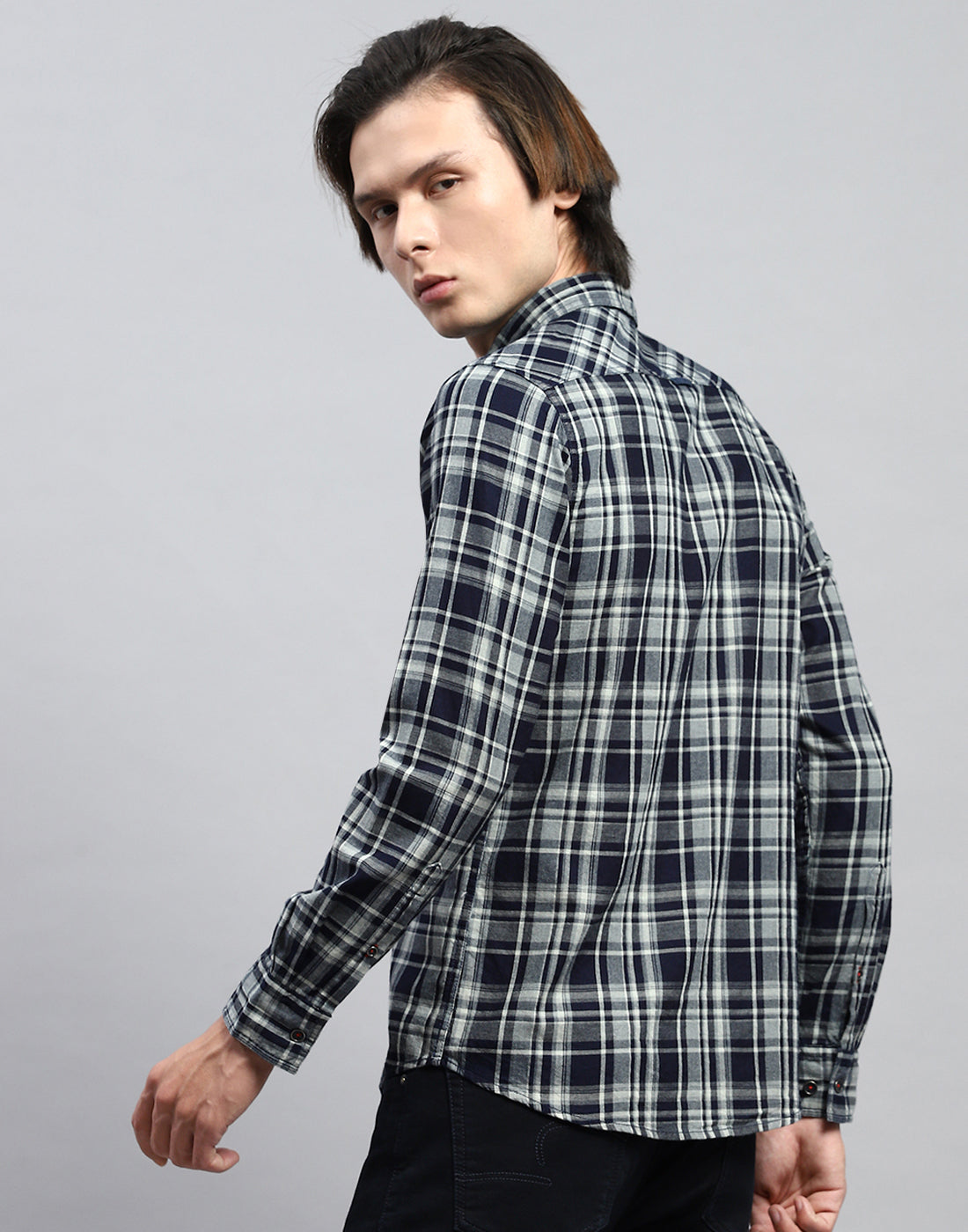 Men Navy Blue Check Collar Full Sleeve Shirt