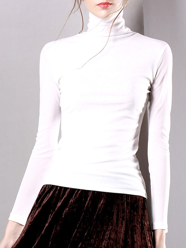 Long Sleeves Plus Size Solid Color Split-Joint High Neck T-Shirts