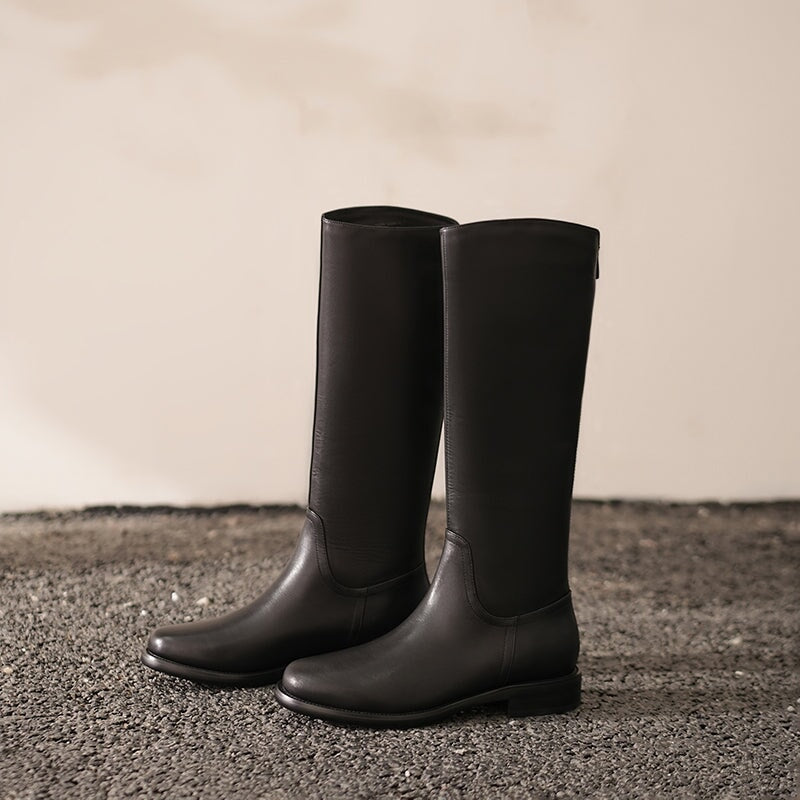 Handmade Soft?Leather Knee High Boots Back Zip Riding Boots Short Plush Lining in Black