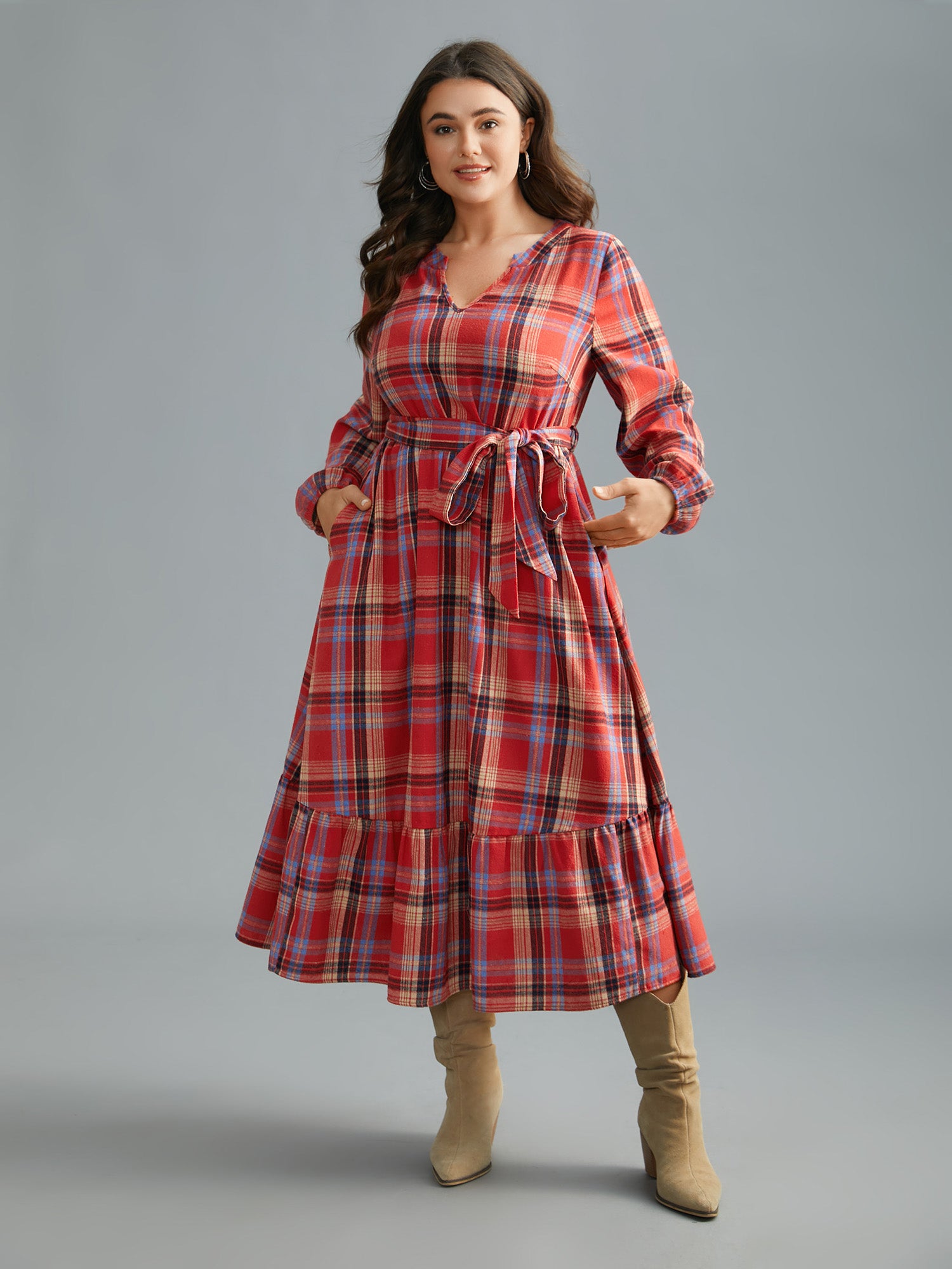Festive Notched Collar Plaid Dress
