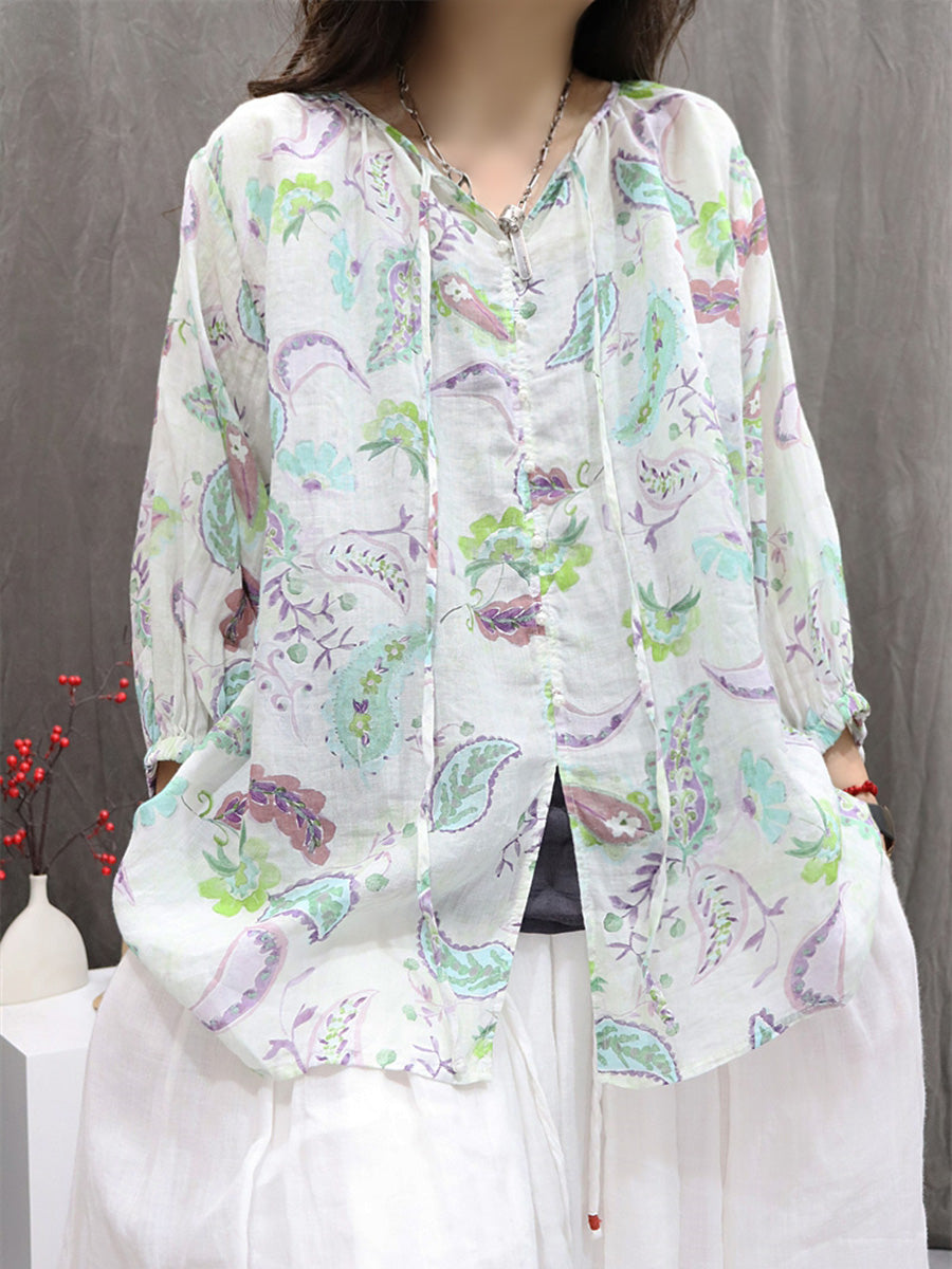 Women Summer Vintage Flower Hooded Ramie Shirt