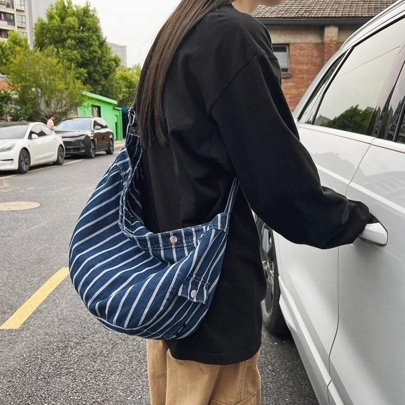 Unisex Denim Stripe Vacation Sewing Thread Square Magnetic Buckle Shoulder Bag
