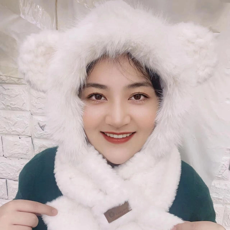 Cute Bear Ears Plush Hat Scarf Integrated Female Autumn And Winter Cycling Warm All-Matching Mask Ear Protection Scarf