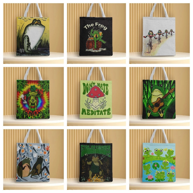 Women's Medium Canvas Frog Basic Classic Style Square Open Canvas Bag