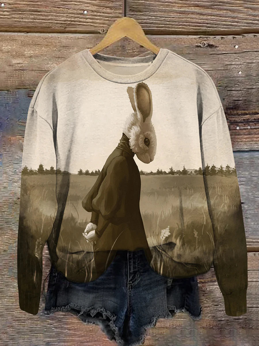 Rabbit Art Print Round Neck Short Sleeve T-Shirt