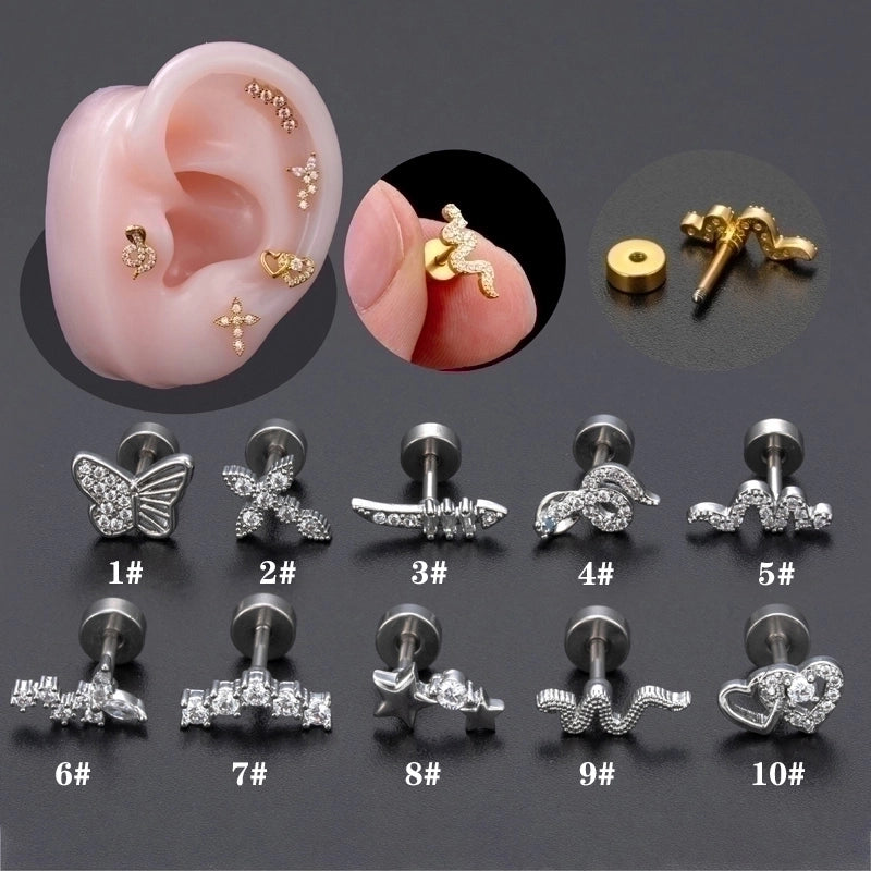1 Piece Ear Cartilage Rings & Studs Minimalist Classic Style Heart Shape Snake Butterfly Copper Polishing Inlay Zircon 18K Gold Plated Ear Cartilage Rings & Studs