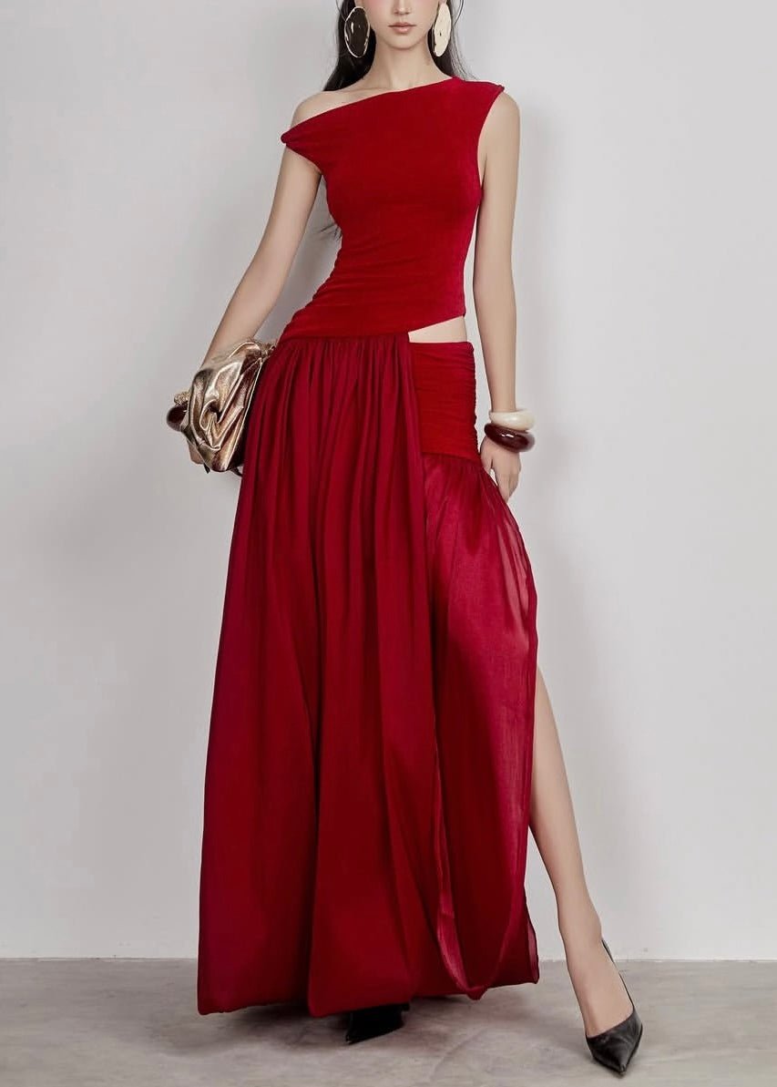 Stylish Red Wrinkled Hollow Out Cotton Long Dress Sleeveless