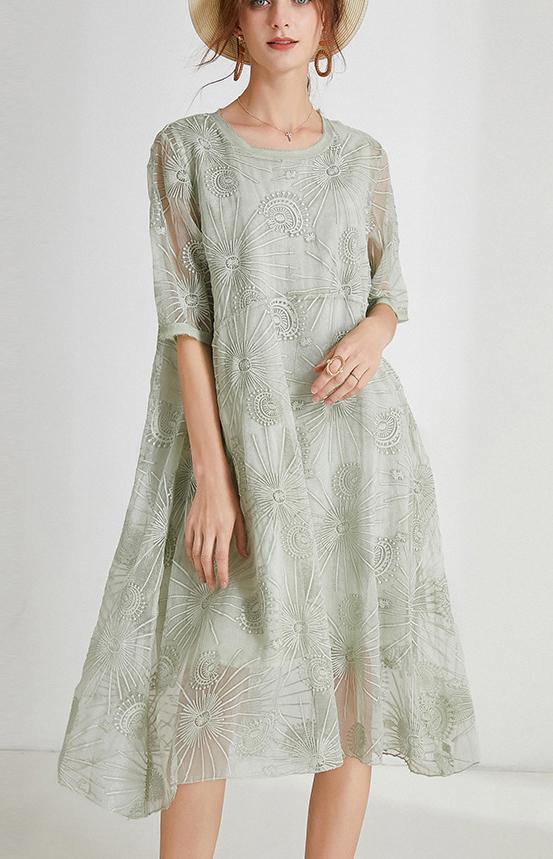 French Light Green Embroidery Chiffon Short Sleeve Summer Maxi Dresses