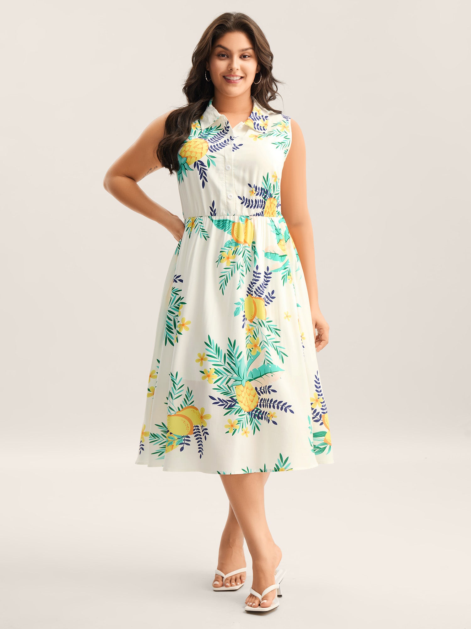 Rayon Fruit Print Collar Pockets Midi Dress