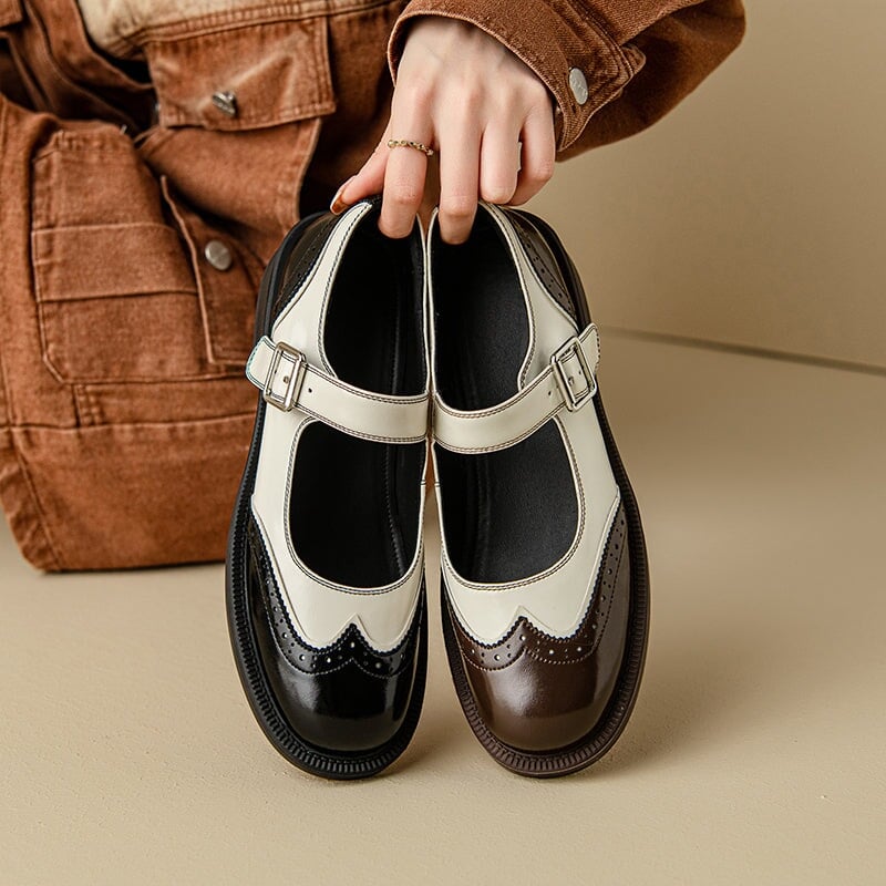 Women's Retro Soft Leather Brogue Round Toe Low Heel  Mary Jane Shoes In Brown/Black