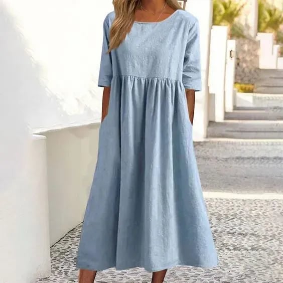 49% OFF🔥Women's Casual Basic Outdoor Crew Neck Pocket Smocked Cotton Dress