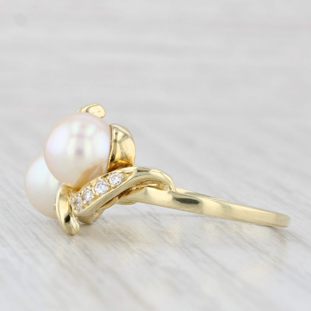 Two Cultured Pearls 0.12ctw Diamond Bypass Ring 18k Yellow Gold Size 7.75