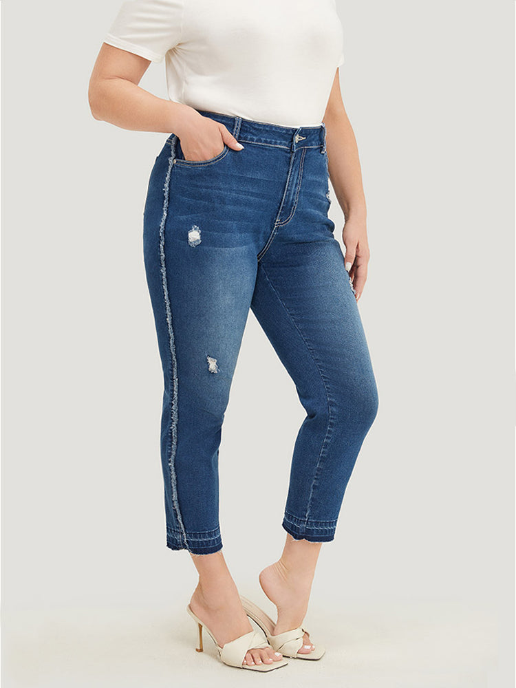 Very Stretchy High Rise Medium Wash Raw Trim Jeans