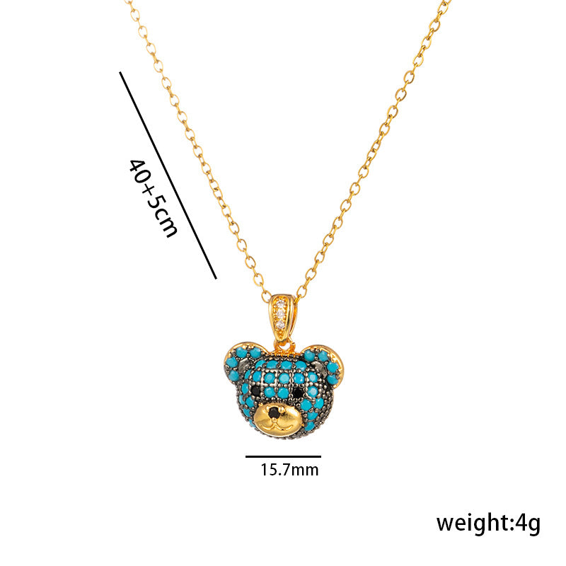 Simple And Fashionable 18K Gold-Plated Colorful Bear Necklace For Women With Full Diamond Cute Animal Pendant Titanium Steel Clavicle Chain