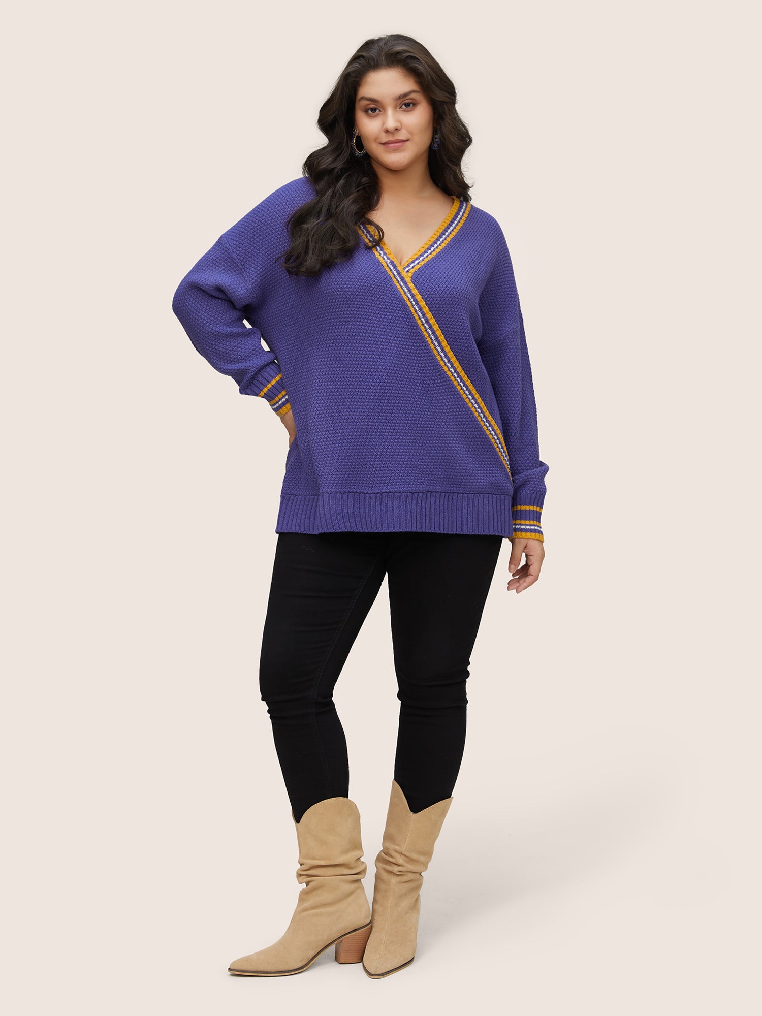 Striped Contrast Wrap Knit Pullover