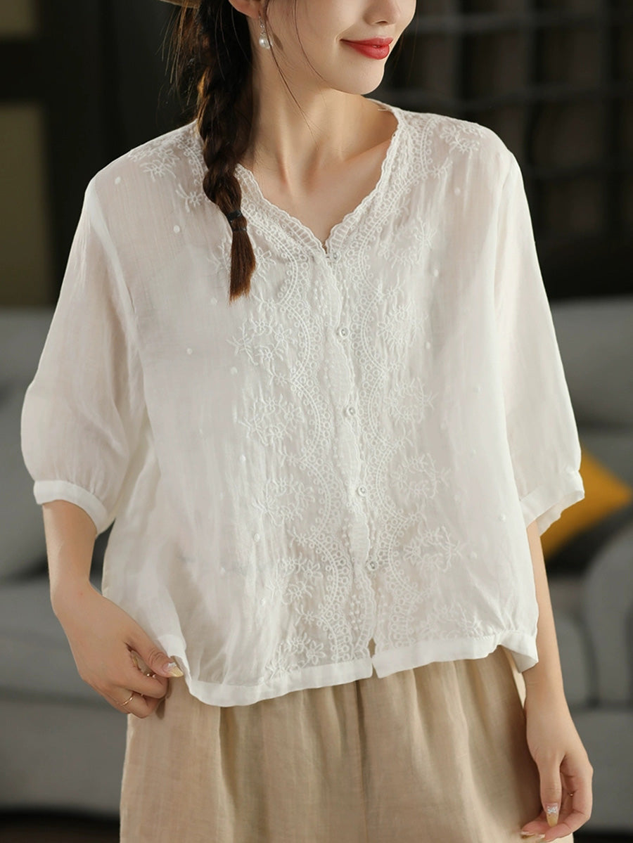 Women Summer Vintage Embroidery V-neck 100%Raime Shirt