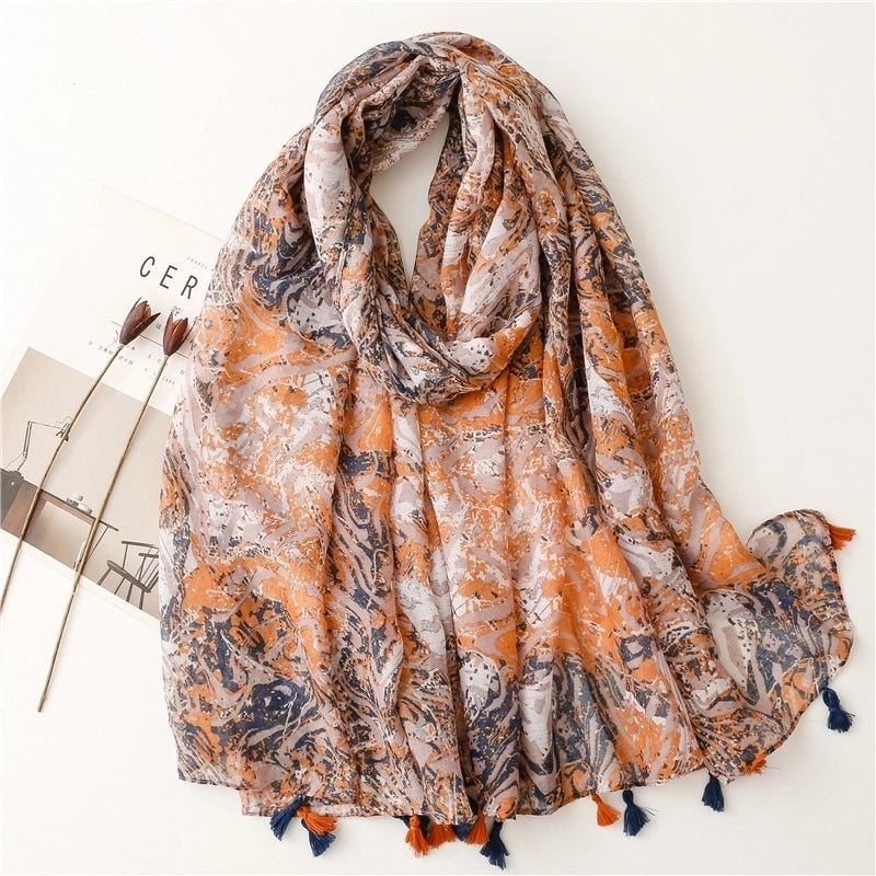 Yarn Cotton Fruit Green Bright Yellow Leaf Printing Tassel Scarf Shawl