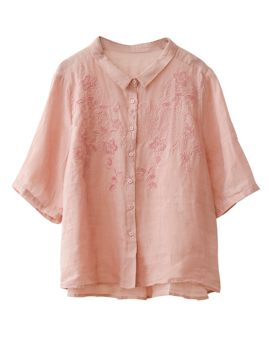 Women Summer Artsy Embroidery 100%Ramie Shirt