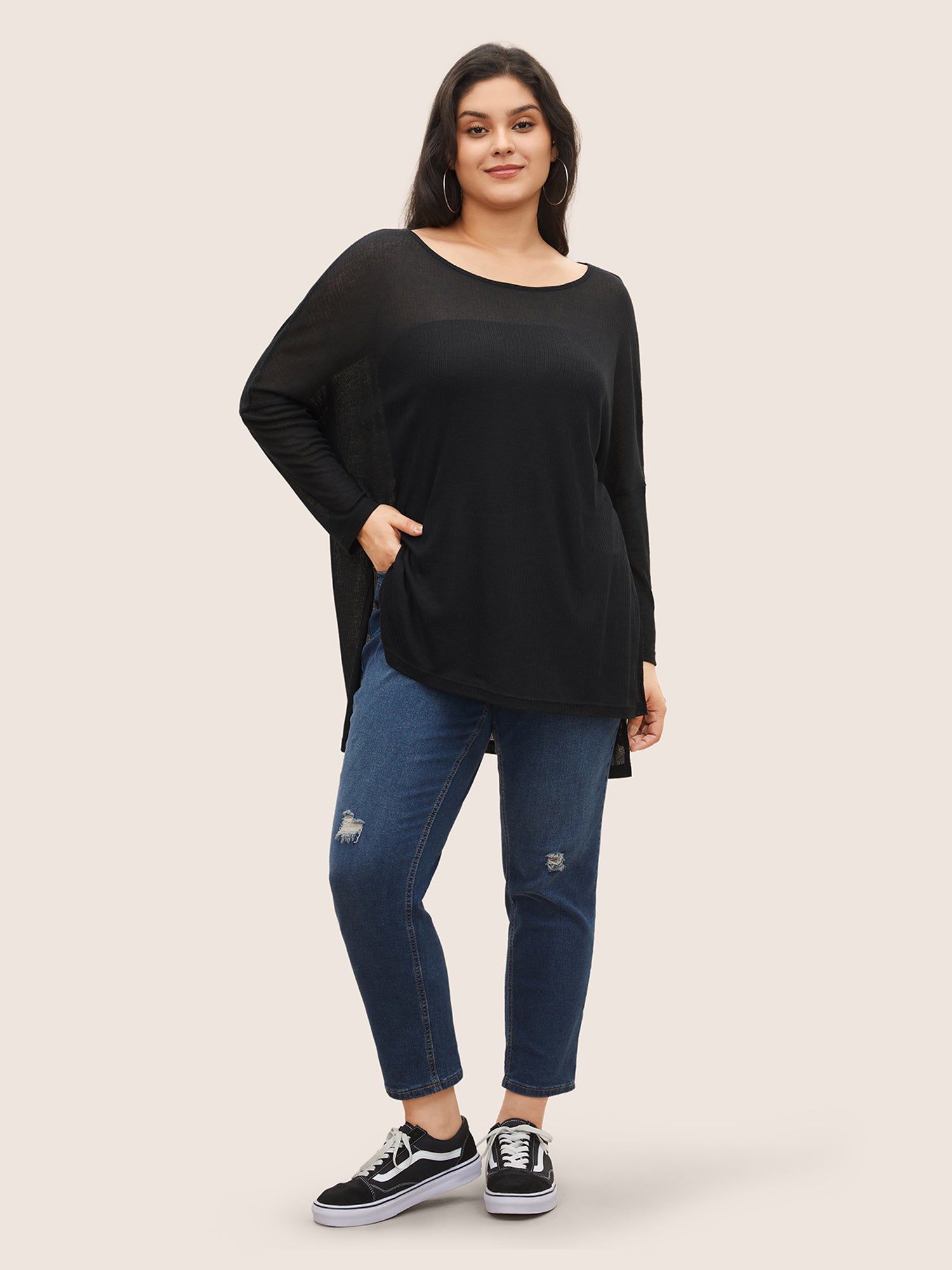 Plain Mesh Split Side Long Sleeve T-shirt