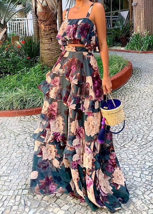 New Photo Color Print Tank And Skirts Two Pieces Set Sleeveless Summer