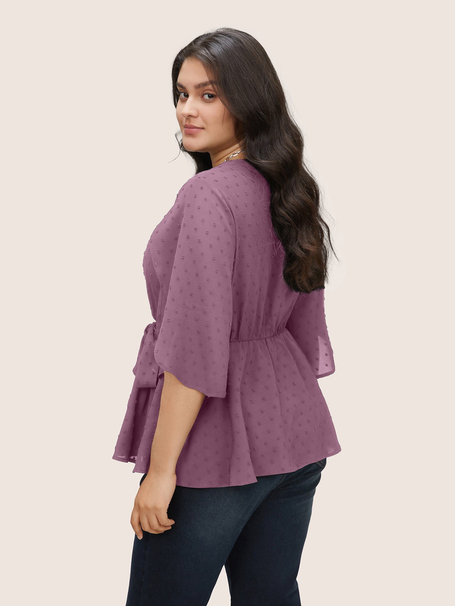 Plain Textured Petal Sleeve Ties Blouse