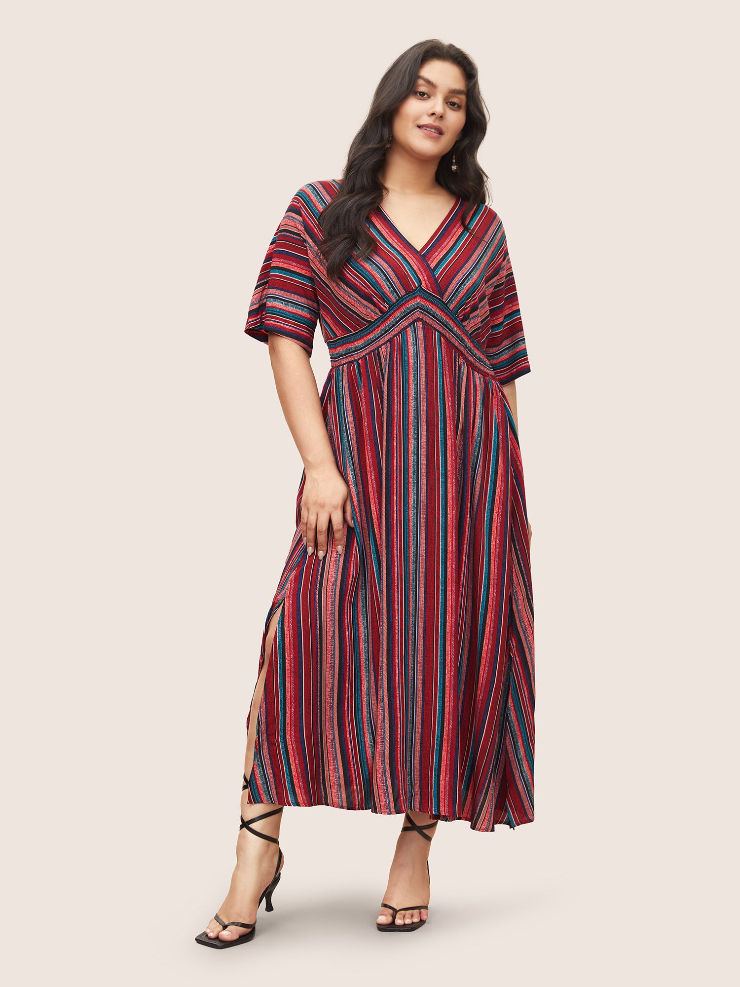 Striped Contrast Dolman Sleeve Shirred Pocket Split Flutter Dress