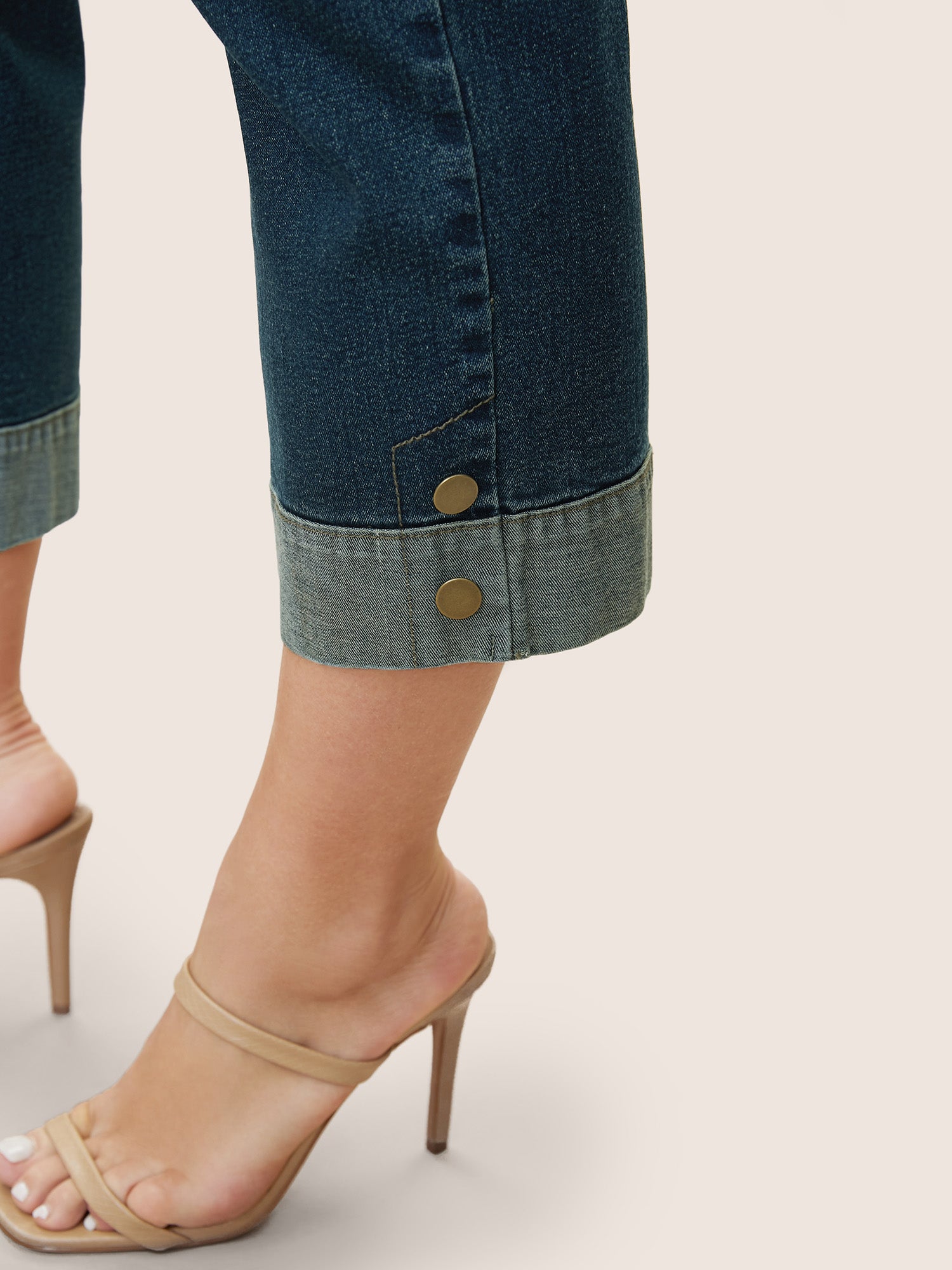 Straight Leg Patchwork Hem Metal Button Detail Jeans