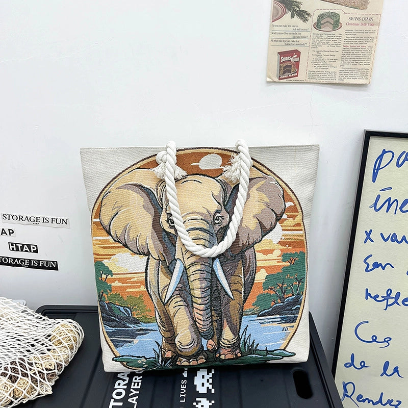 Women's Medium Canvas Elephant Ethnic Style Classic Style Square Zipper Tote Bag