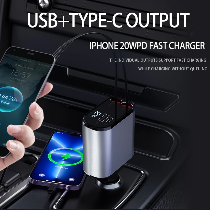 Universal Retractable cable 4 in 1 car charger station dock Support 120W type C charging USB for Smart Watch/Earphone