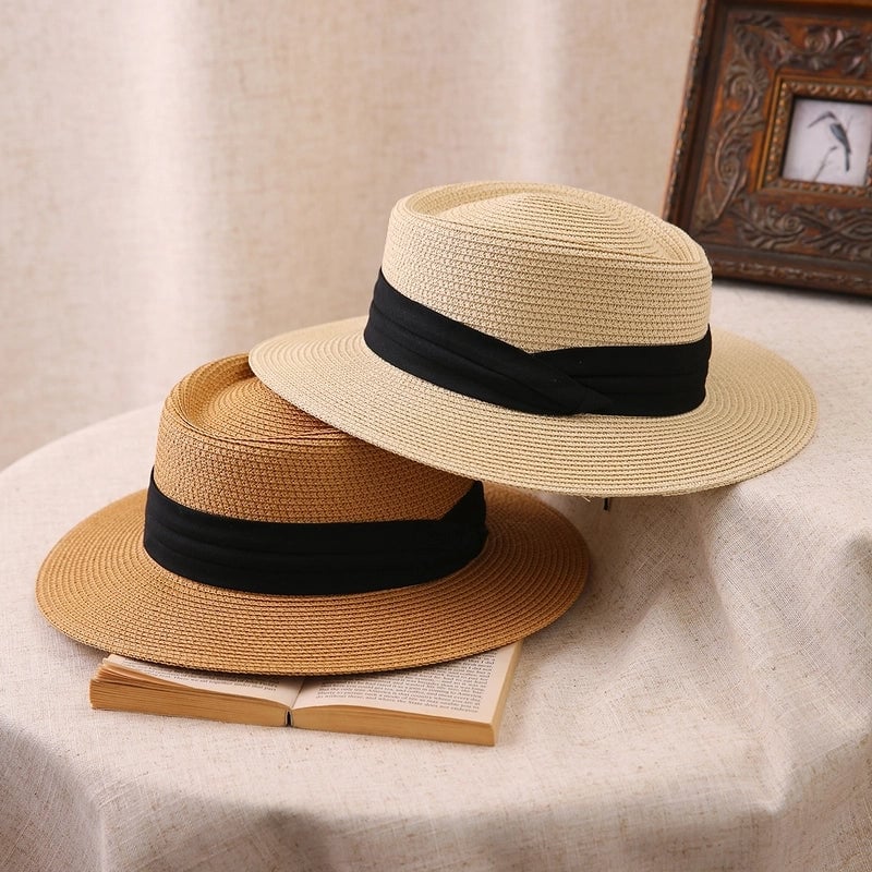 Big Head Straw Hat Women's Flat Top Hat Flat Brim Sunshade Hat Fashionable Women's Straw Sun Hat Showing Small Face
