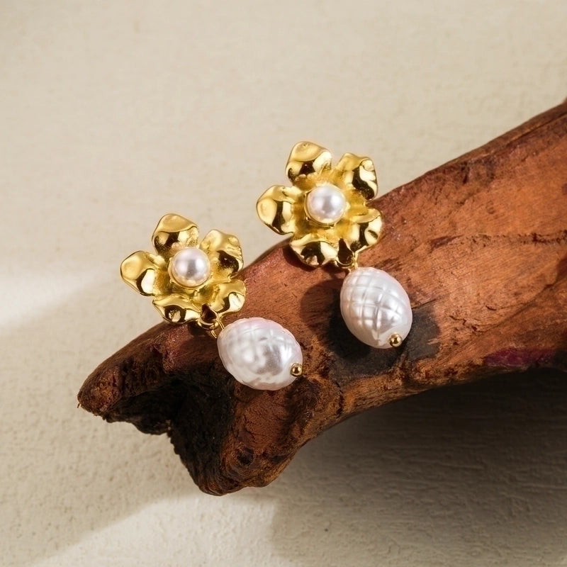 Classic Style Solid Color Flower Plating Inlay Stainless Steel Artificial Pearls 14k Gold Plated Drop Earrings