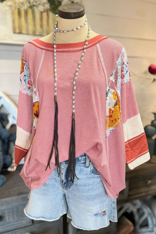 Red Pinstriped Patchwork Oversized Top